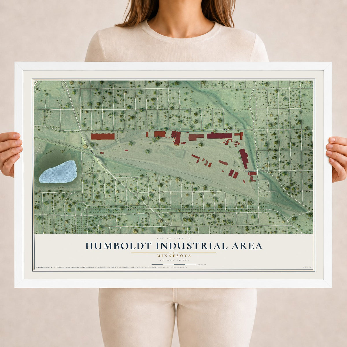 Map of Humboldt Industrial Area, Minnesota, 18 x 24 inch print in a white wood frame