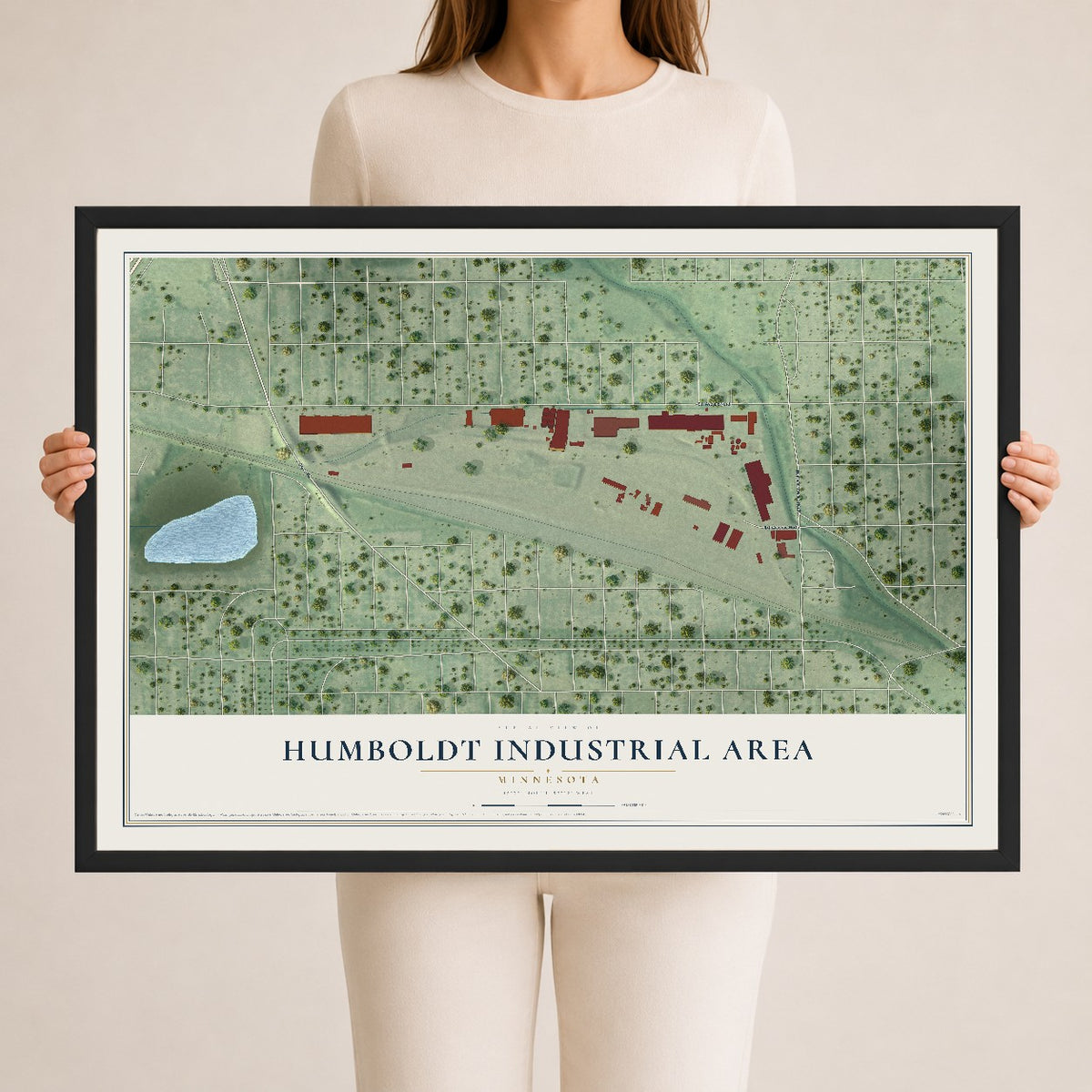 Map of Humboldt Industrial Area, Minnesota, 24 x 36 inch print in a black wood frame