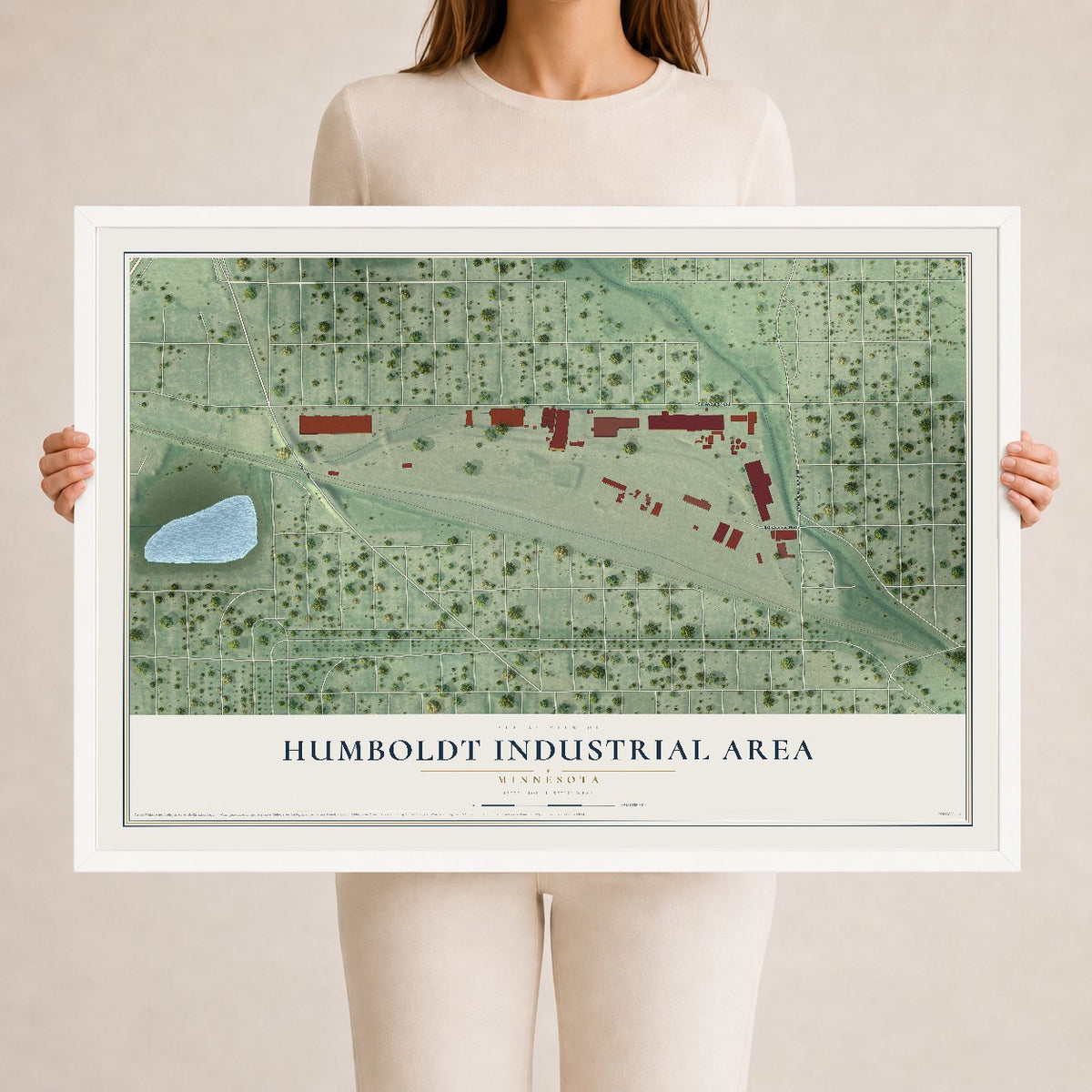 Map of Humboldt Industrial Area, Minnesota, 24 x 36 inch print in a white wood frame