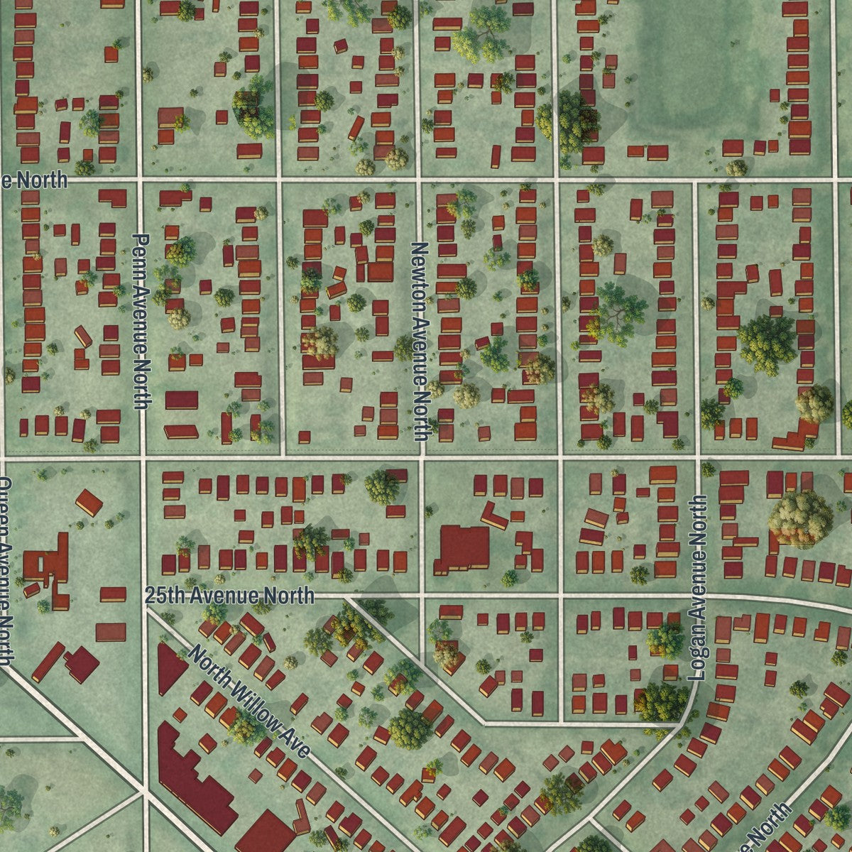 Close-up of the map of Jordan, Minneapolis, Minnesota print showing street and building detail