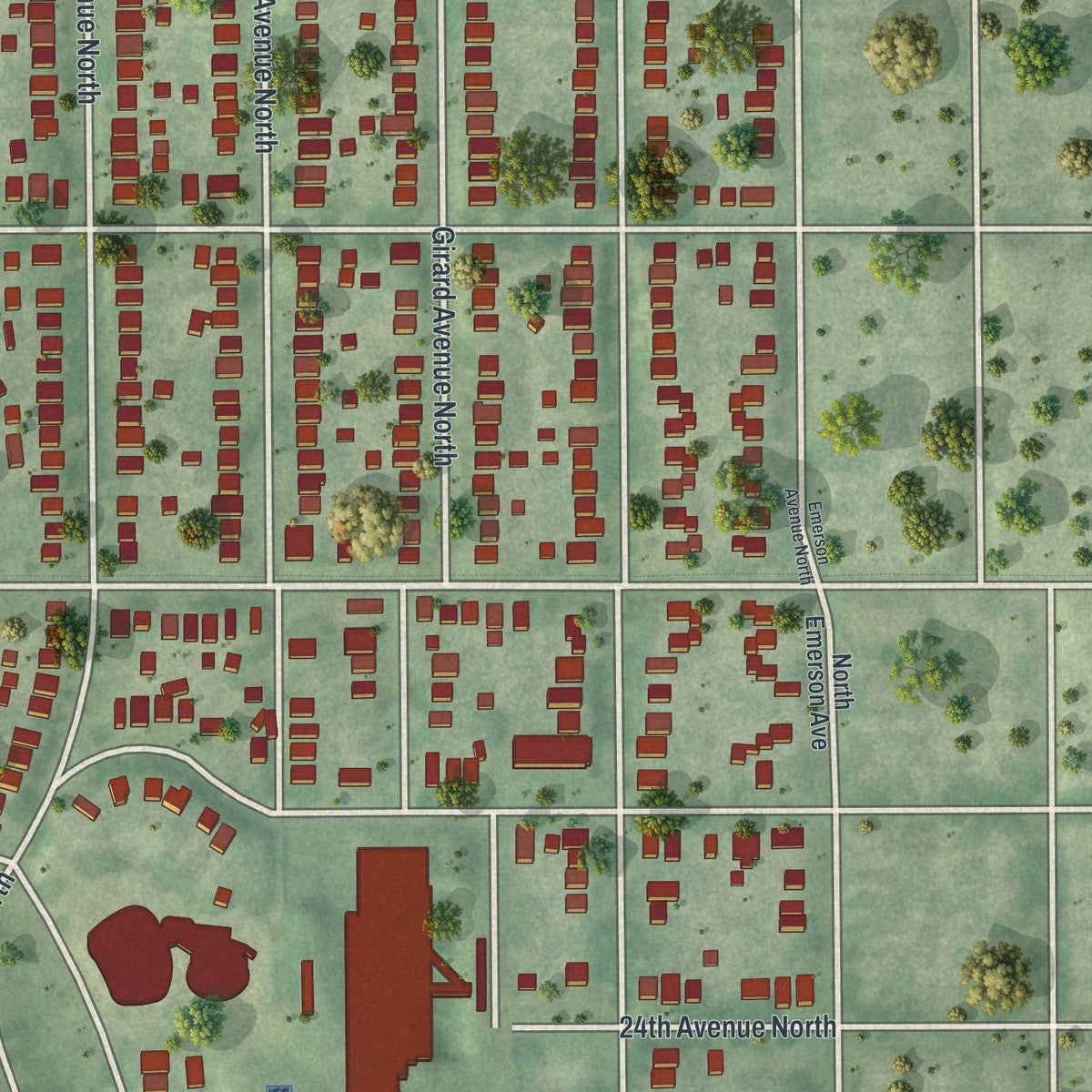 Second close-up of the map of Jordan, Minneapolis, Minnesota print showing more streets and buildings