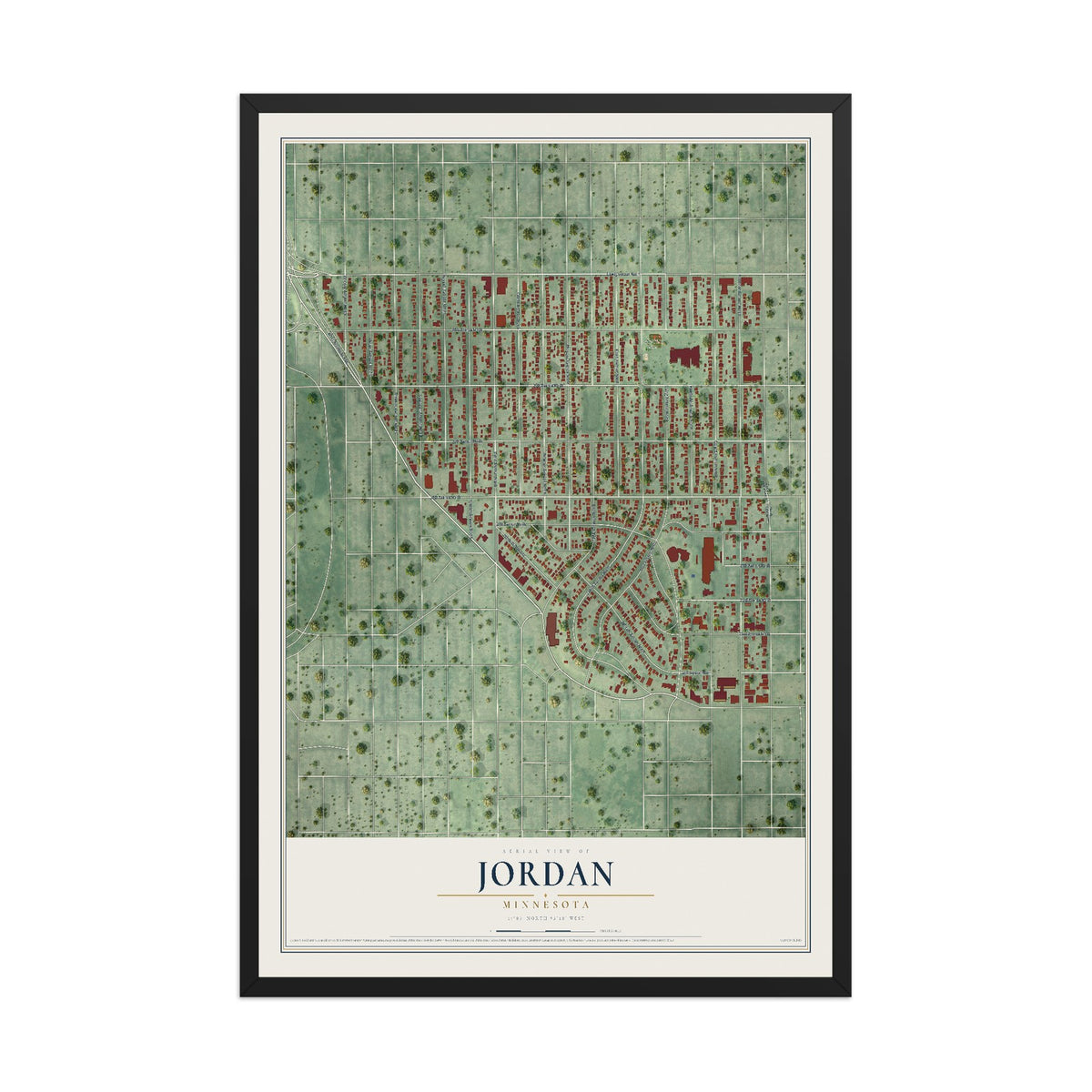 Map of Jordan, Minneapolis, Minnesota, 12 x 18 inch print in a black wood frame