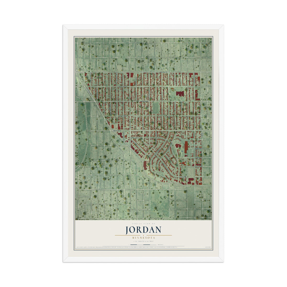 Map of Jordan, Minneapolis, Minnesota, 12 x 18 inch print in a white wood frame