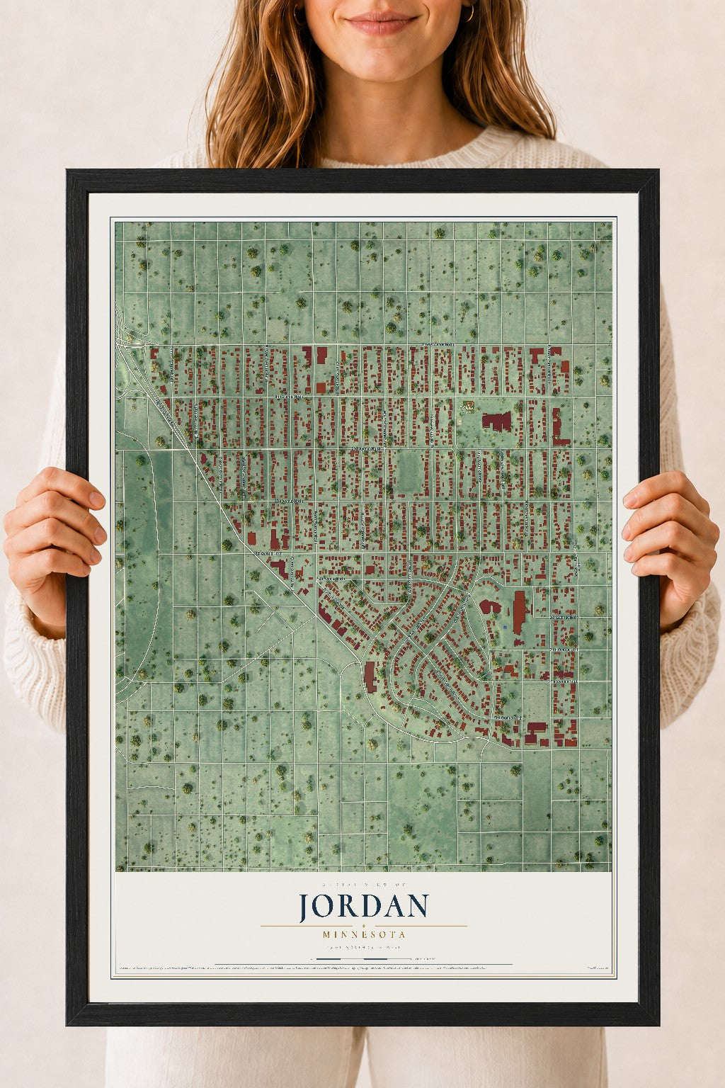 Map of Jordan, Minneapolis, Minnesota, 18 x 24 inch print in a black wood frame