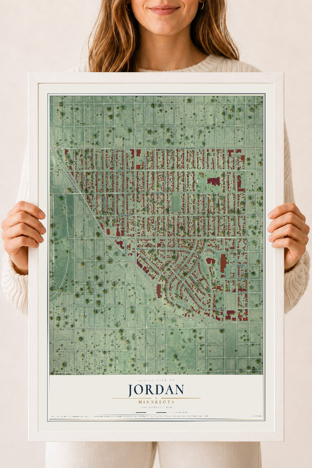 Map of Jordan, Minneapolis, Minnesota, 18 x 24 inch print in a white wood frame