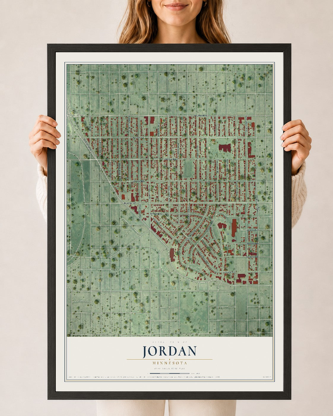 Map of Jordan, Minneapolis, Minnesota, 24 x 36 inch print in a black wood frame