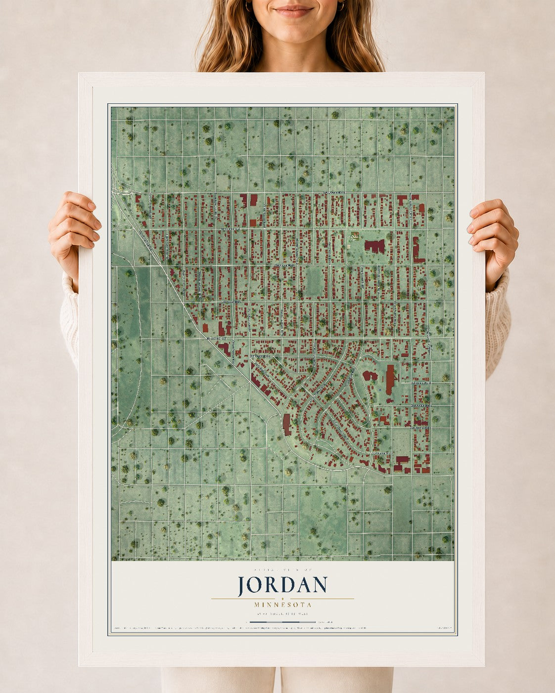 Map of Jordan, Minneapolis, Minnesota, 24 x 36 inch print in a white wood frame