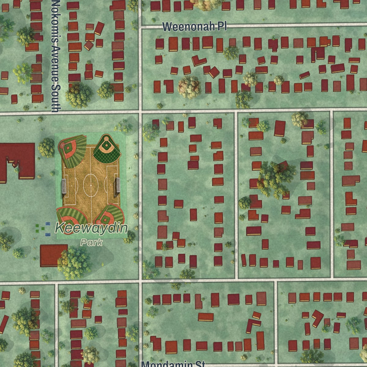 Close-up of the map of Keewaydin, Minnesota print showing street and building detail