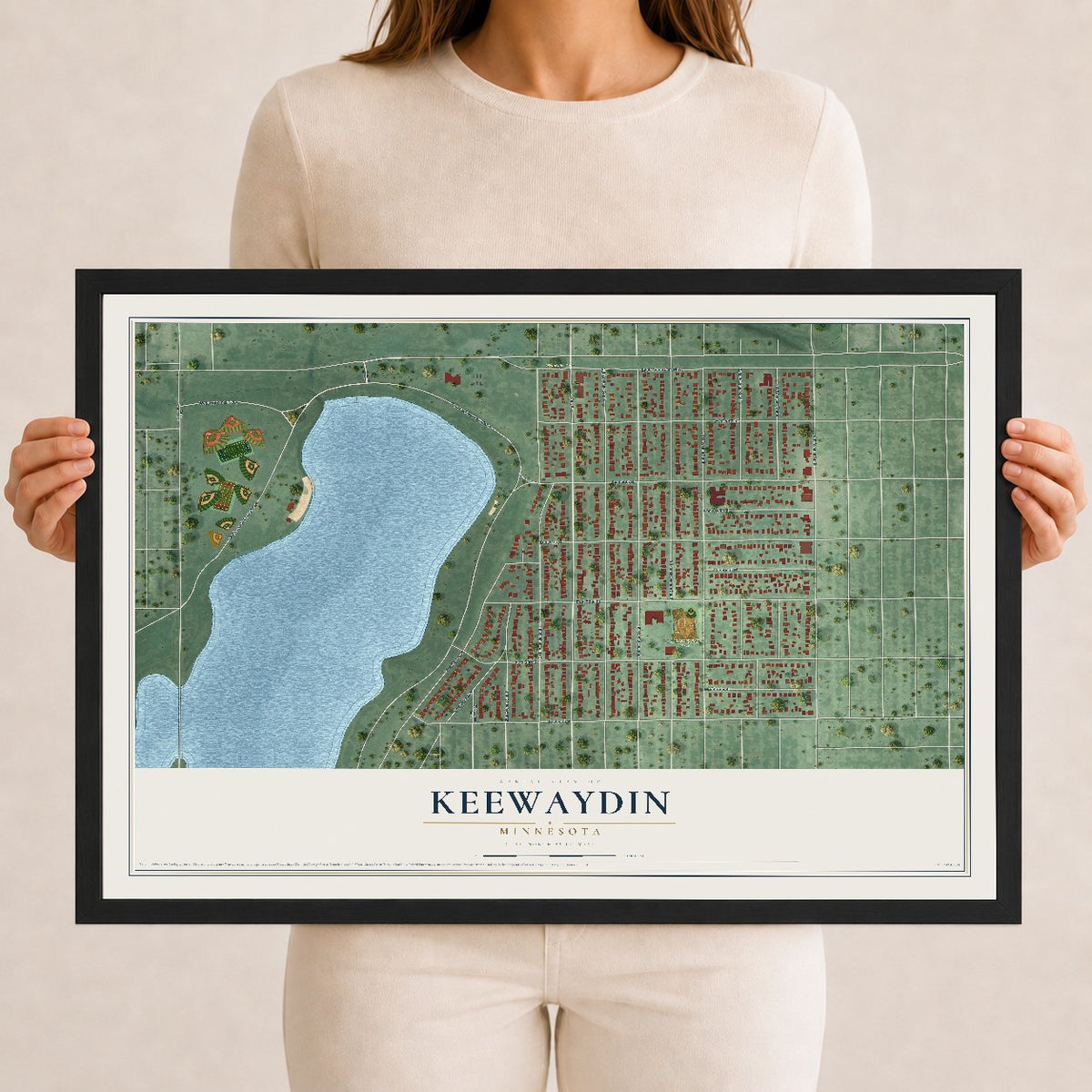 Map of Keewaydin, Minnesota, 12 x 18 inch print in a black wood frame