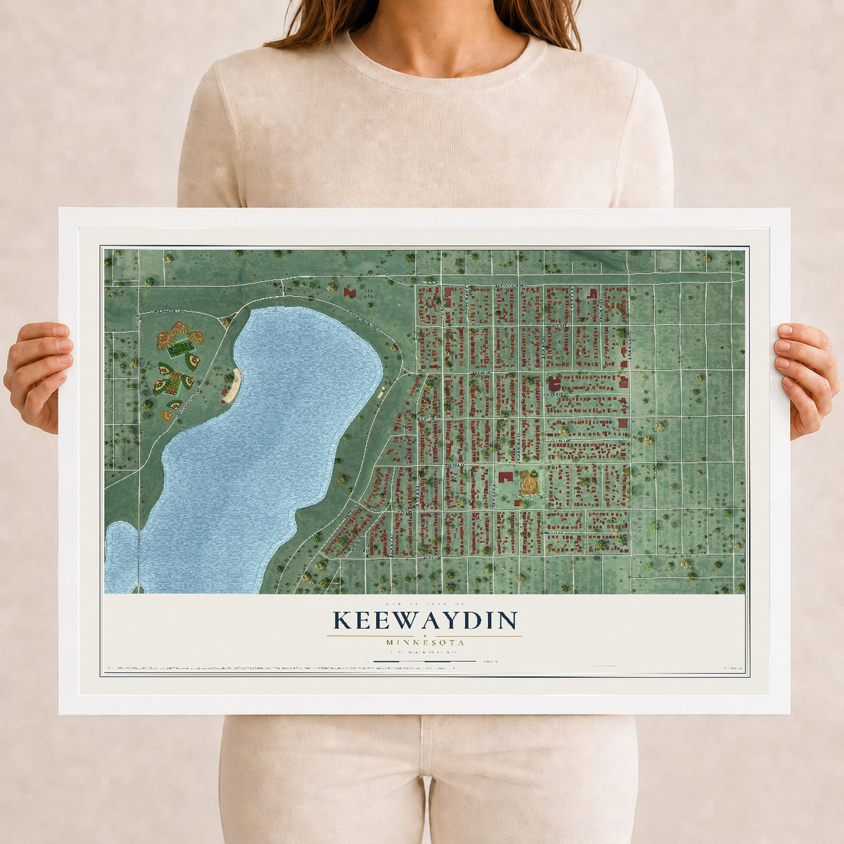 Map of Keewaydin, Minnesota, 12 x 18 inch print in a white wood frame