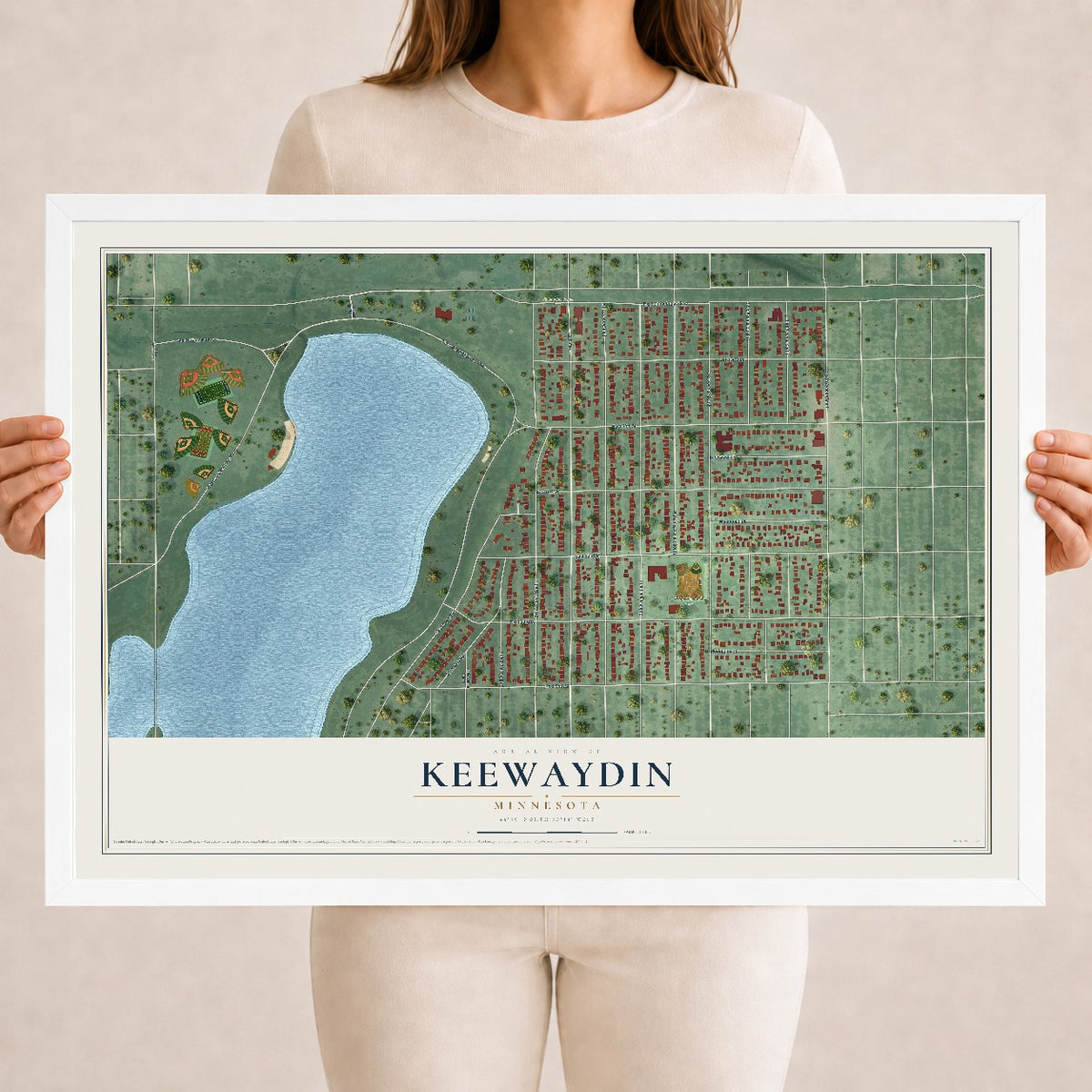 Map of Keewaydin, Minnesota, 18 x 24 inch print in a white wood frame