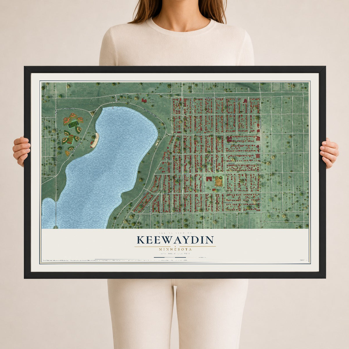 Map of Keewaydin, Minnesota, 24 x 36 inch print in a black wood frame