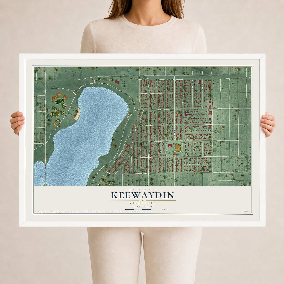 Map of Keewaydin, Minnesota, 24 x 36 inch print in a white wood frame