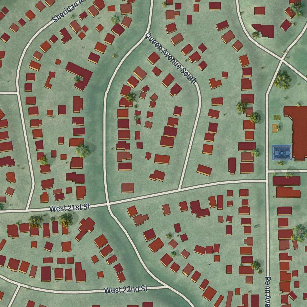 Close-up of the map of Kenwood, Minnesota print showing street and building detail