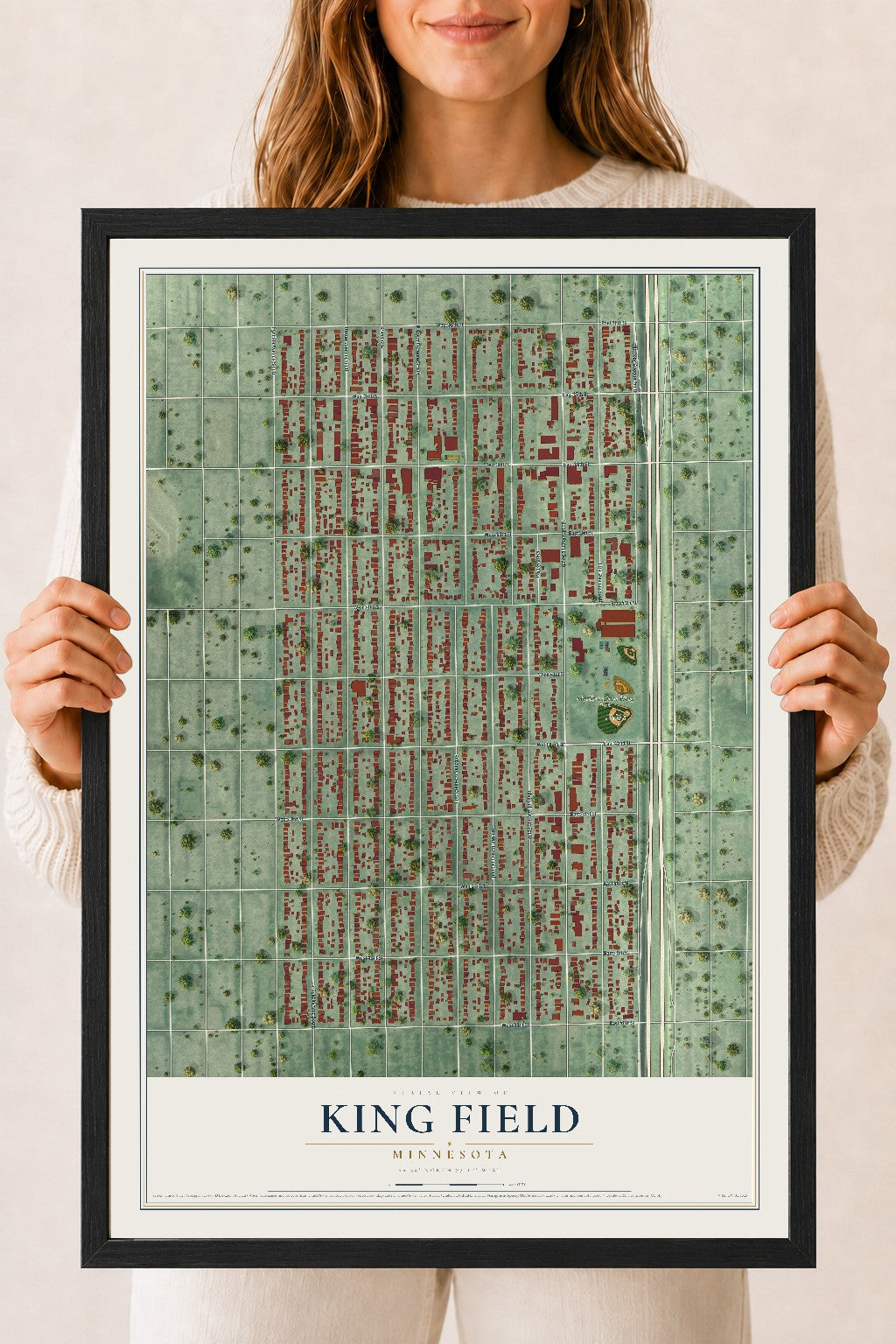 Map of King Field, Minnesota, 18 x 24 inch print in a black wood frame