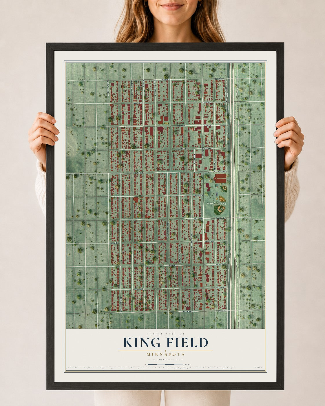 Map of King Field, Minnesota, 24 x 36 inch print in a black wood frame