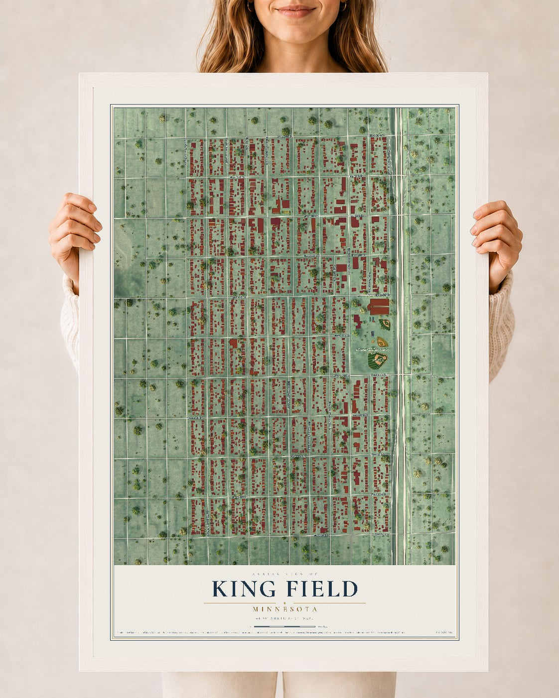 Map of King Field, Minnesota, 24 x 36 inch print in a white wood frame