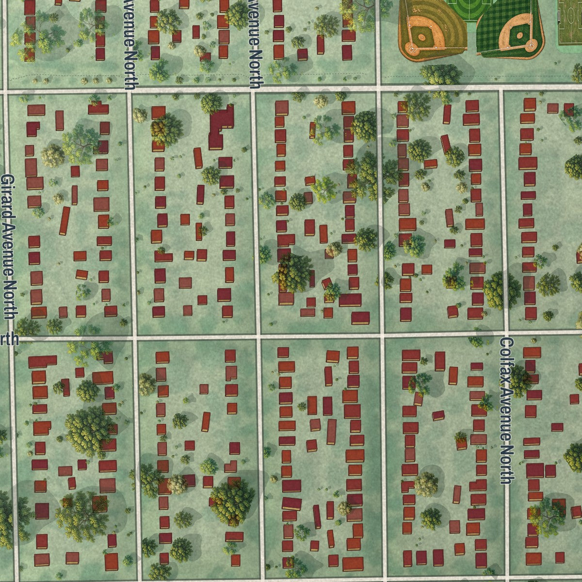 Close-up of the map of Lind - Bohanon, Minnesota print showing street and building detail