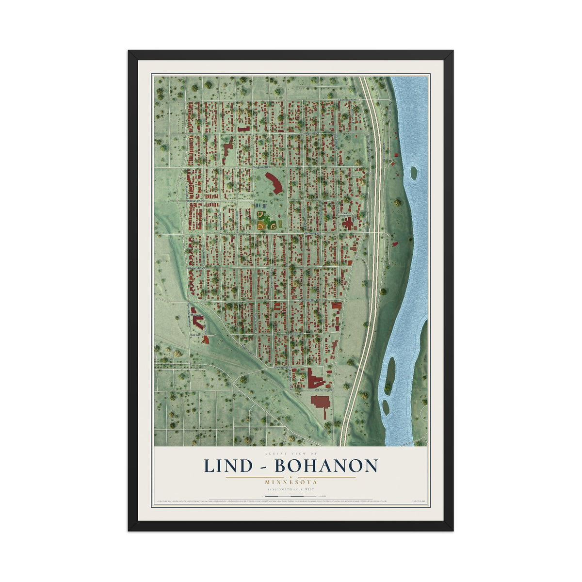 Map of Lind - Bohanon, Minnesota, 12 x 18 inch print in a black wood frame