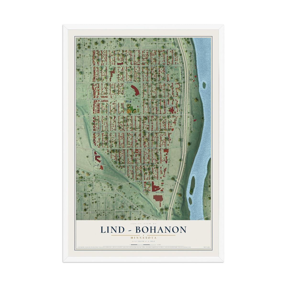 Map of Lind - Bohanon, Minnesota, 12 x 18 inch print in a white wood frame