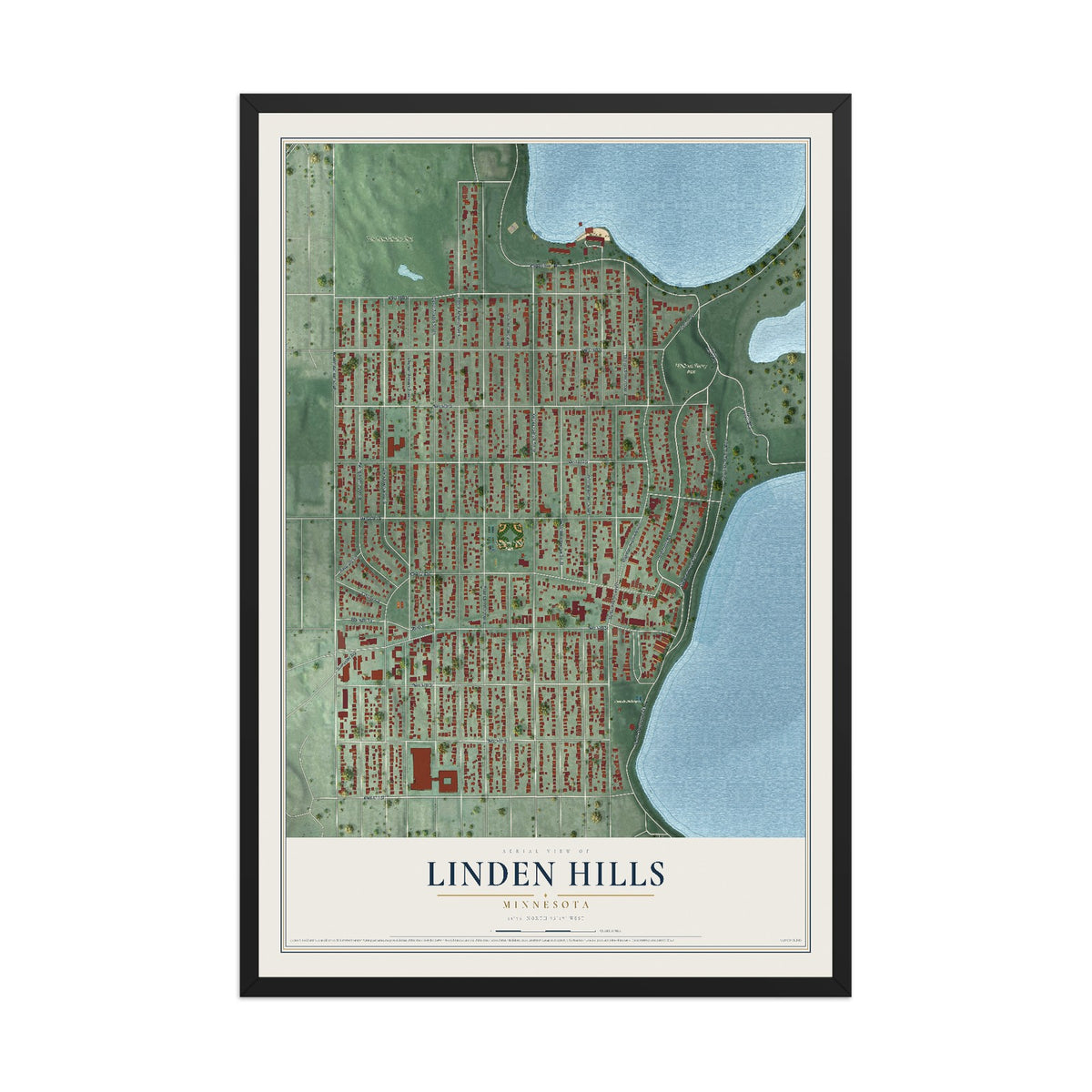 Map of Linden Hills, Minnesota, 12 x 18 inch print in a black wood frame