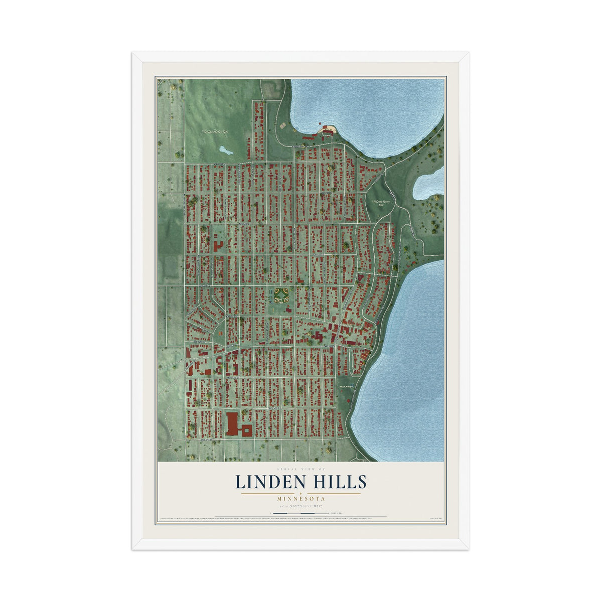 Map of Linden Hills, Minnesota, 12 x 18 inch print in a white wood frame