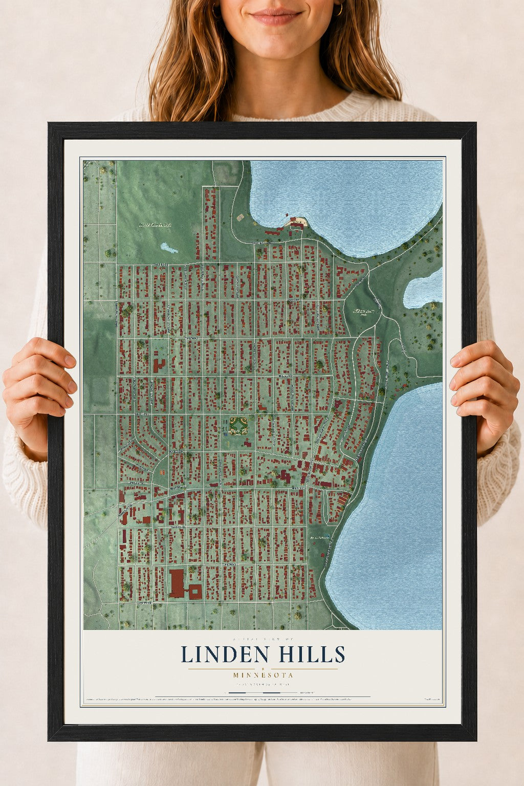 Map of Linden Hills, Minnesota, 18 x 24 inch print in a black wood frame