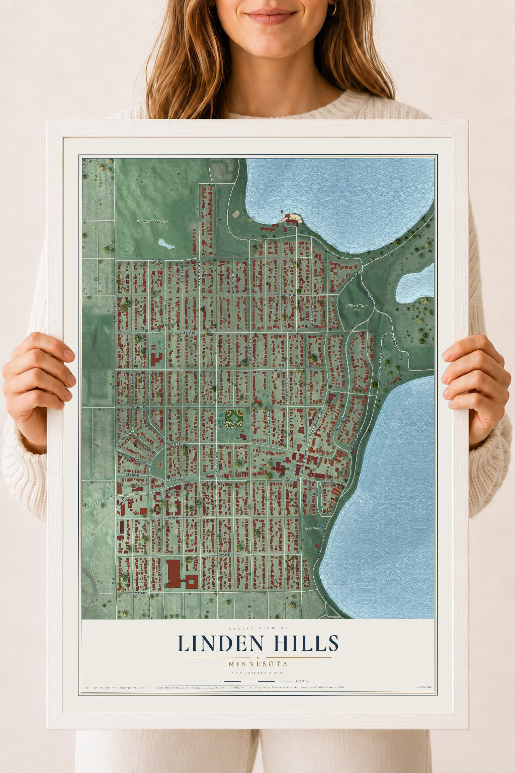 Map of Linden Hills, Minnesota, 18 x 24 inch print in a white wood frame