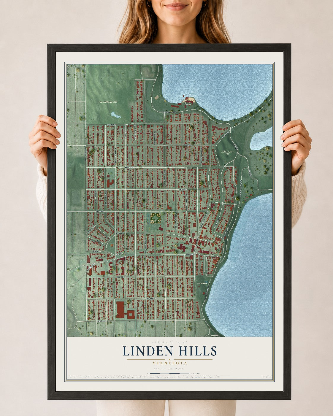 Map of Linden Hills, Minnesota, 24 x 36 inch print in a black wood frame