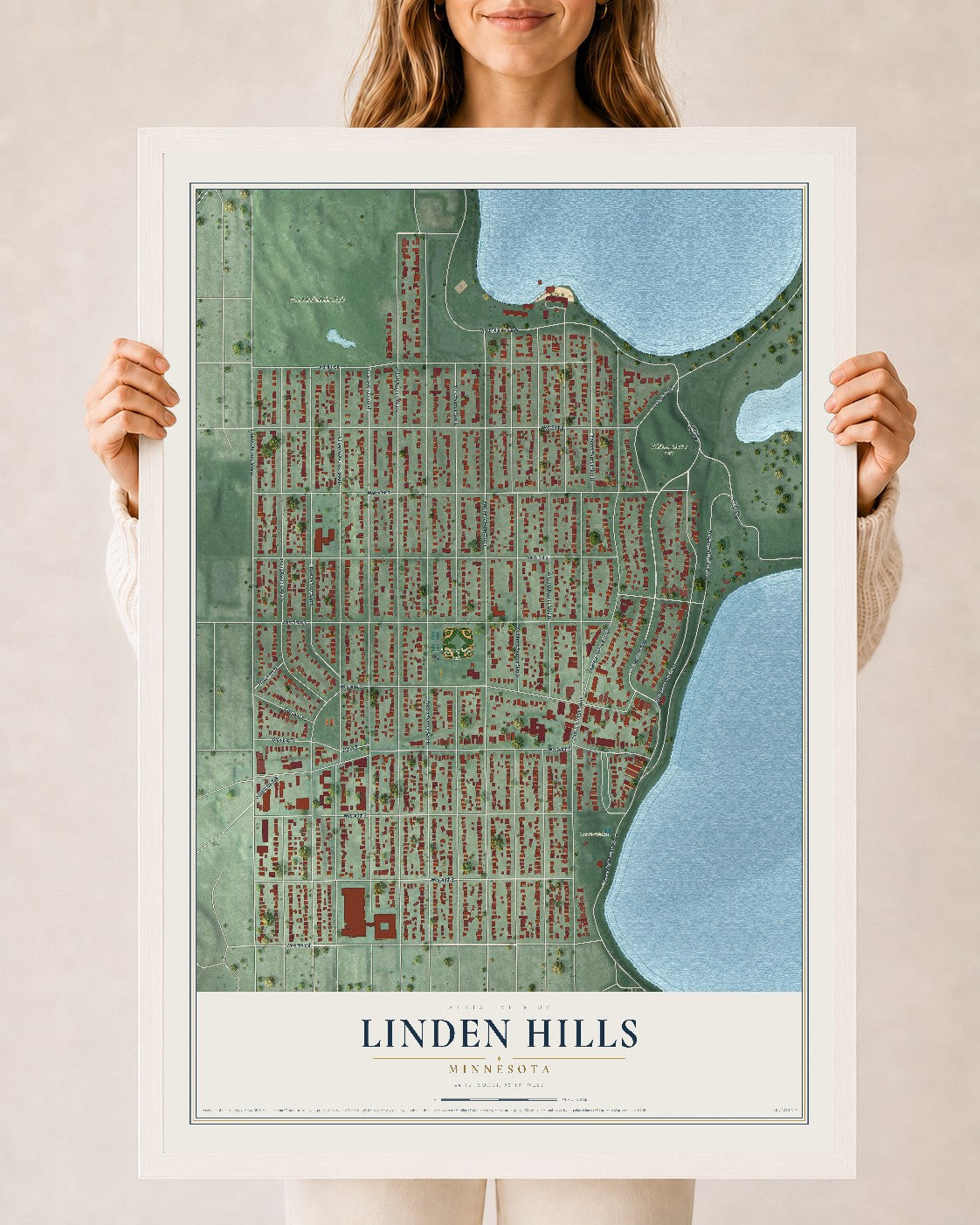 Map of Linden Hills, Minnesota, 24 x 36 inch print in a white wood frame