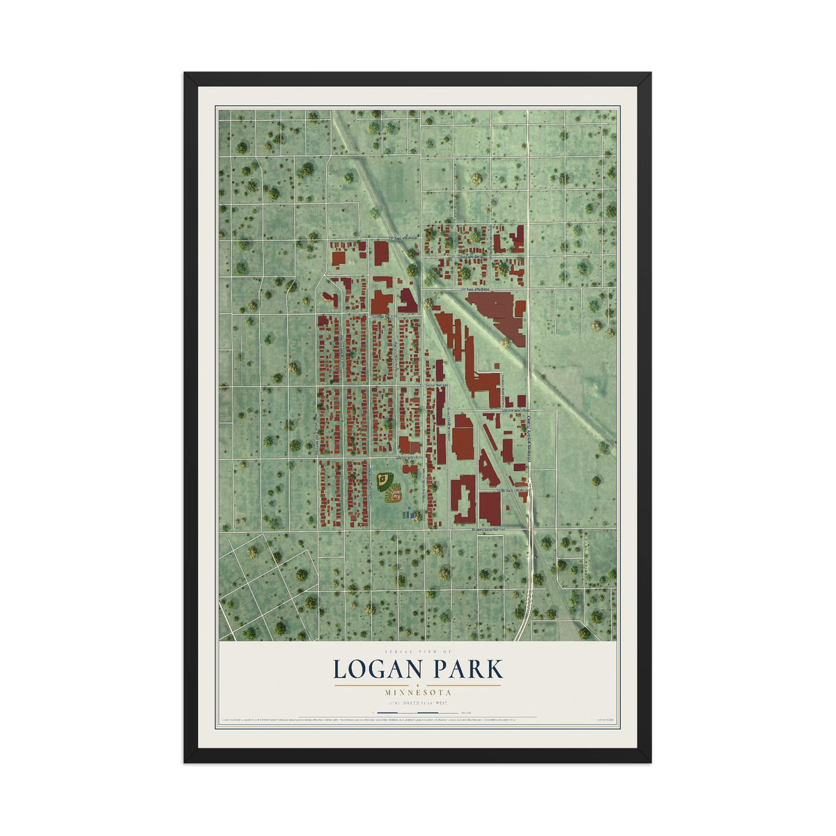Map of Logan Park, Minnesota, 12 x 18 inch print in a black wood frame