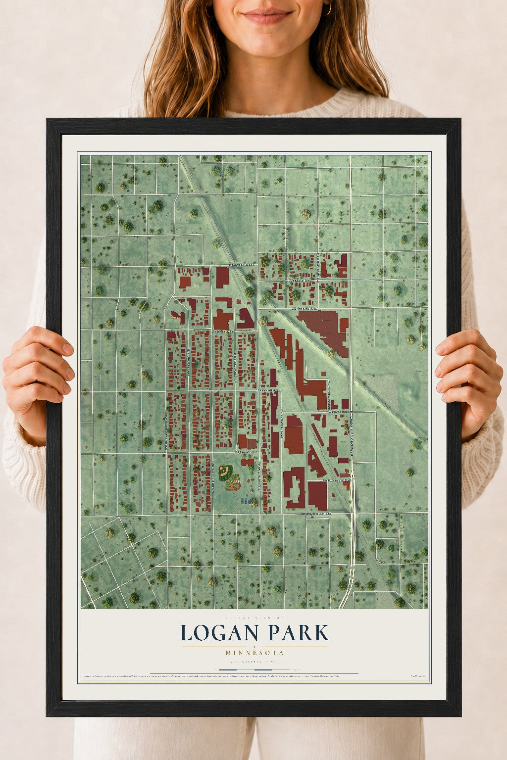 Map of Logan Park, Minnesota, 18 x 24 inch print in a black wood frame