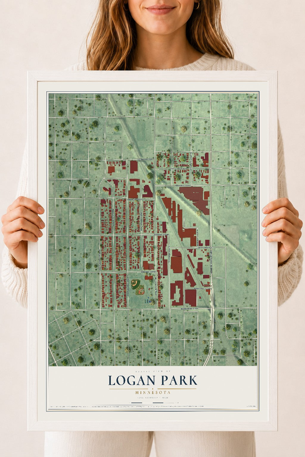 Map of Logan Park, Minnesota, 18 x 24 inch print in a white wood frame