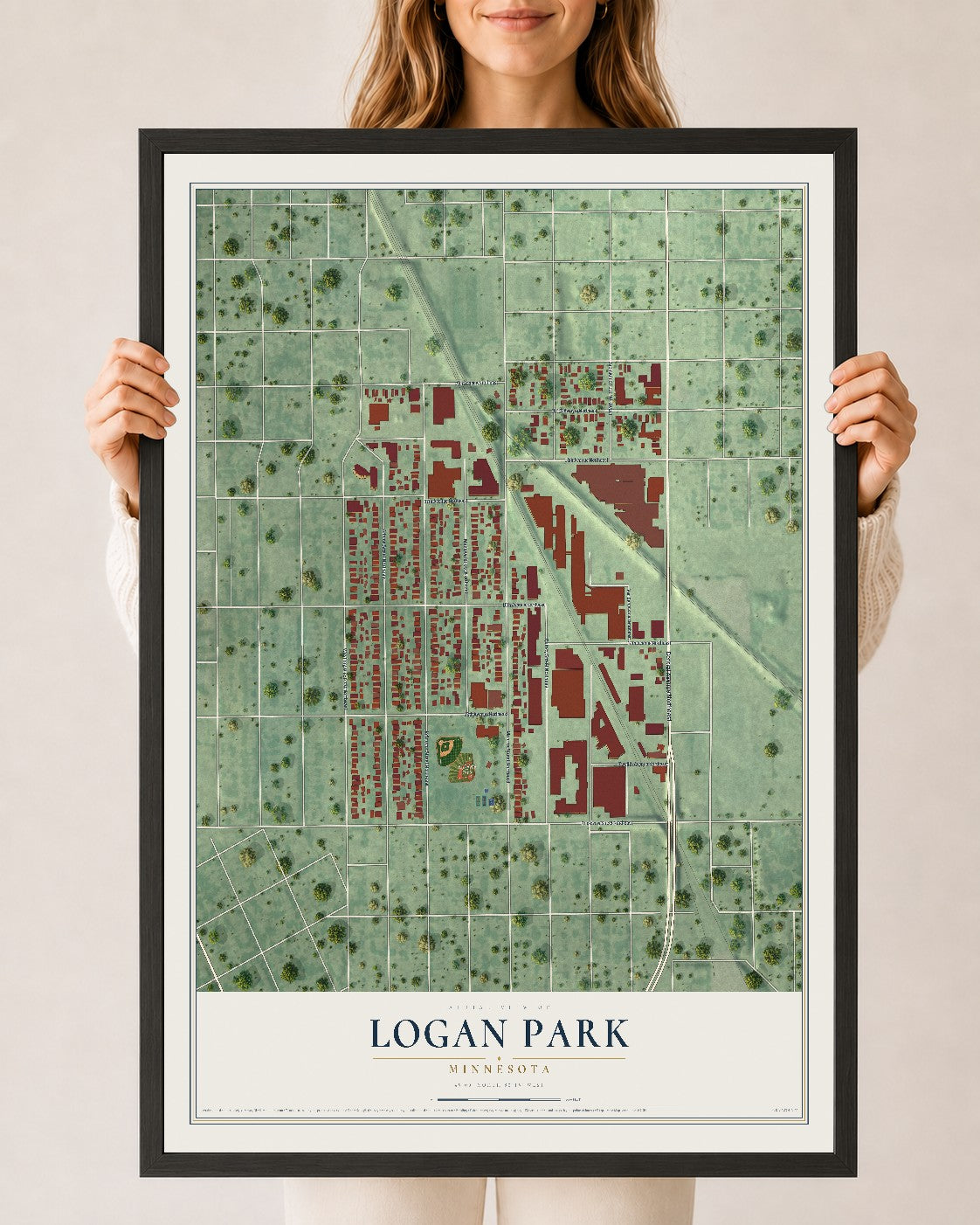 Map of Logan Park, Minnesota, 24 x 36 inch print in a black wood frame