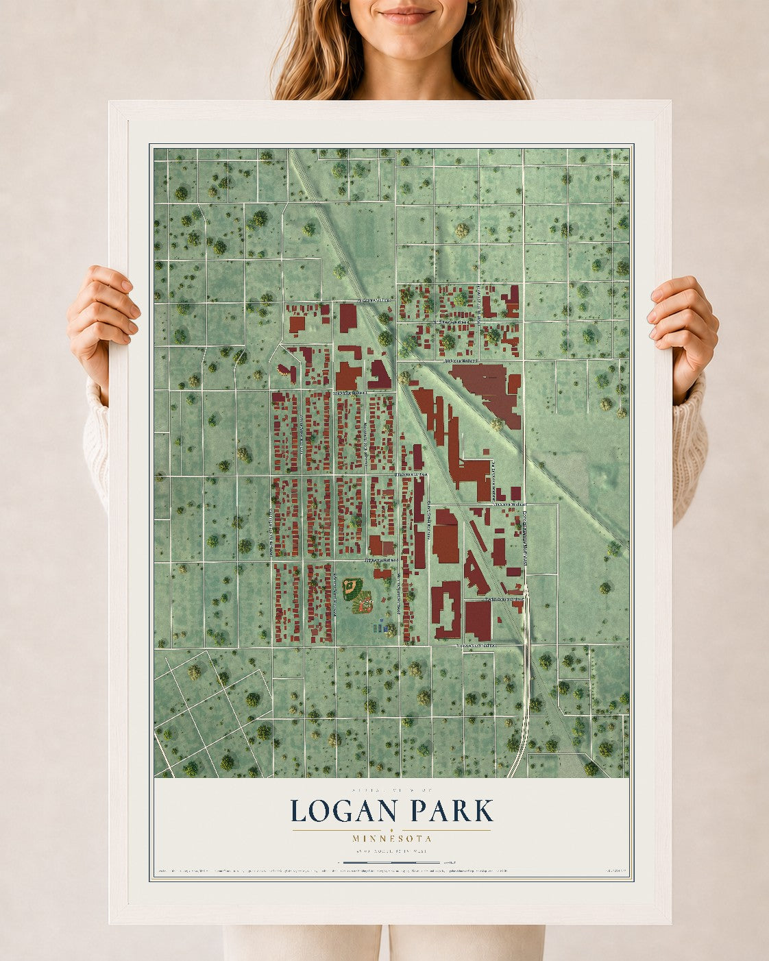 Map of Logan Park, Minnesota, 24 x 36 inch print in a white wood frame