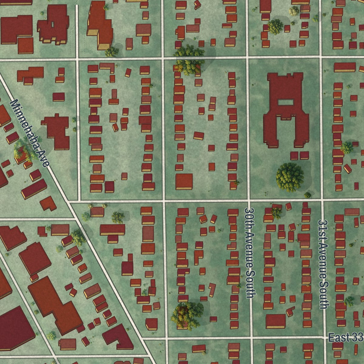 Second close-up of the map of Longfellow, Minnesota print showing more streets and buildings