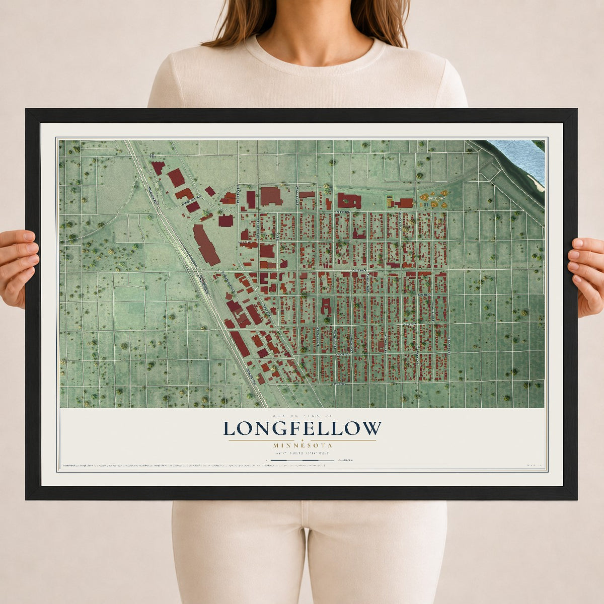 Map of Longfellow, Minnesota, 18 x 24 inch print in a black wood frame