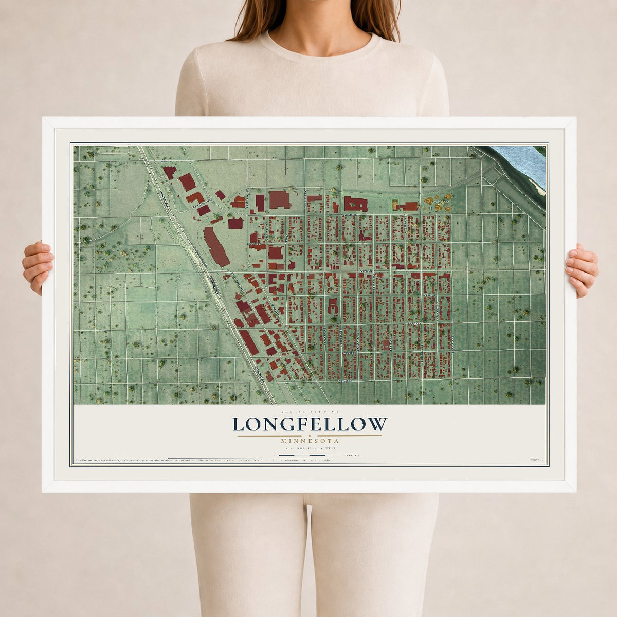 Map of Longfellow, Minnesota, 24 x 36 inch print in a white wood frame