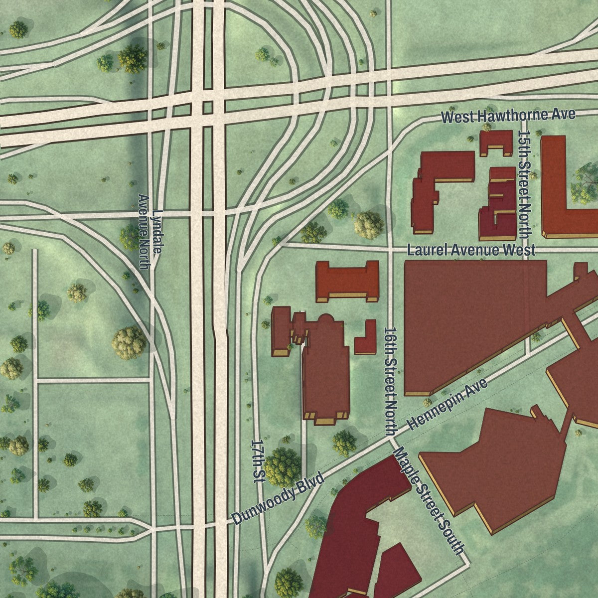 Close-up of the map of Loring Park, Minnesota print showing street and building detail