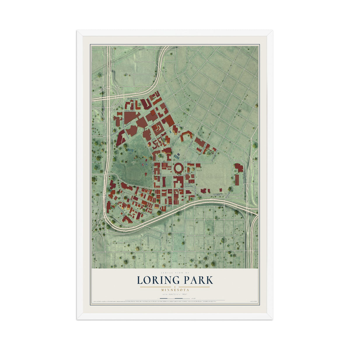 Map of Loring Park, Minnesota, 12 x 18 inch print in a white wood frame