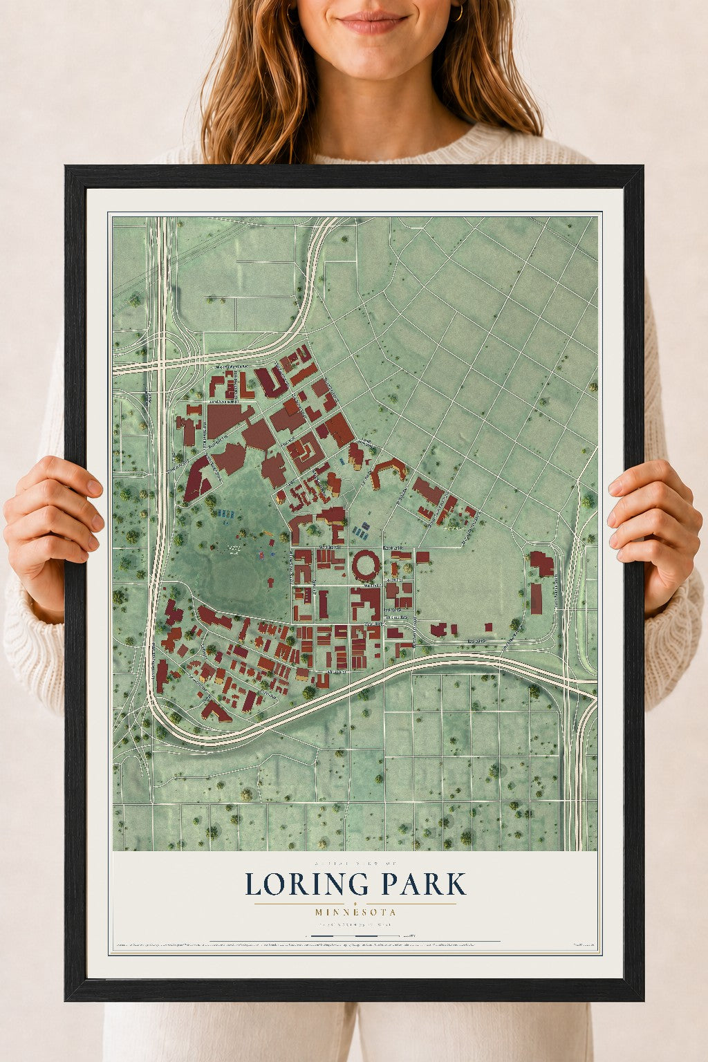 Map of Loring Park, Minnesota, 18 x 24 inch print in a black wood frame