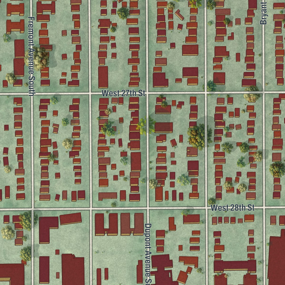 Close-up of the map of Lowry Hill East, Minnesota print showing street and building detail