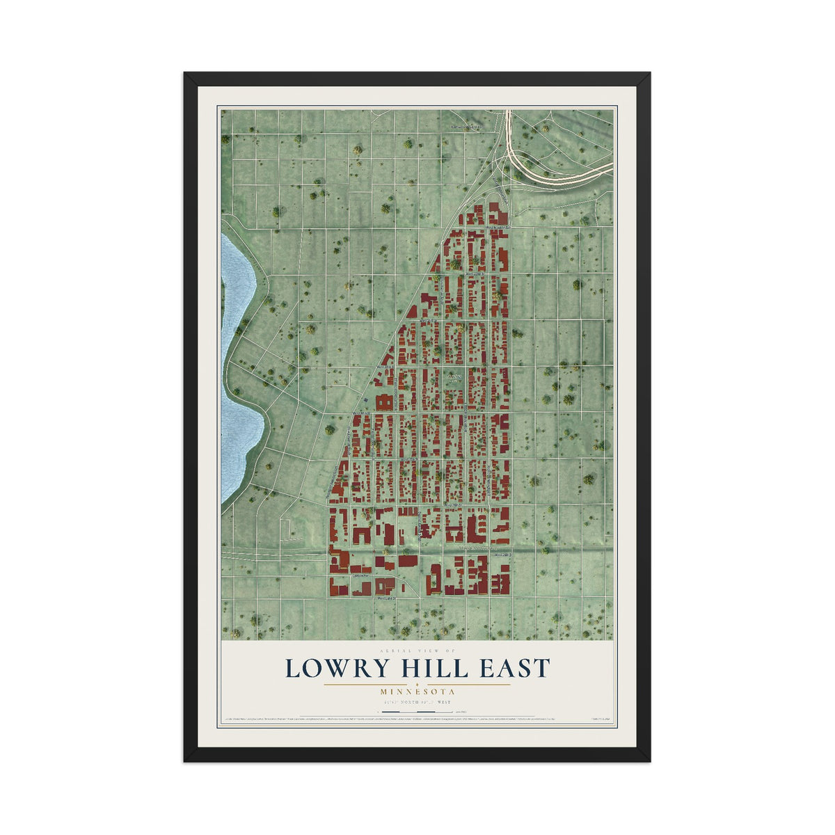 Map of Lowry Hill East, Minnesota, 12 x 18 inch print in a black wood frame