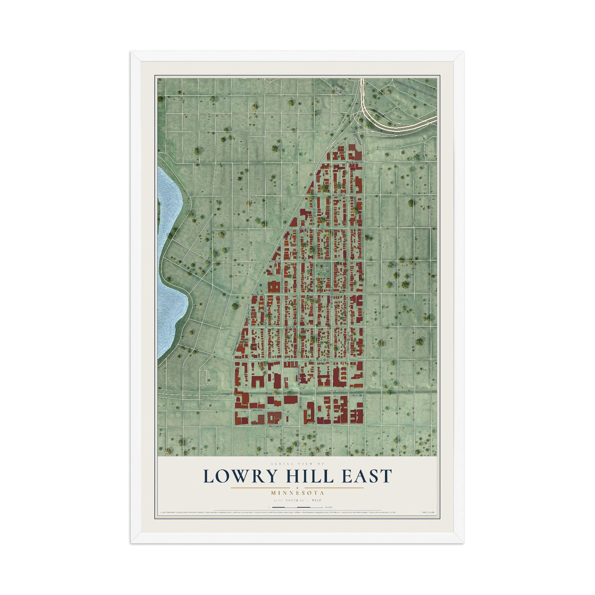 Map of Lowry Hill East, Minnesota, 12 x 18 inch print in a white wood frame