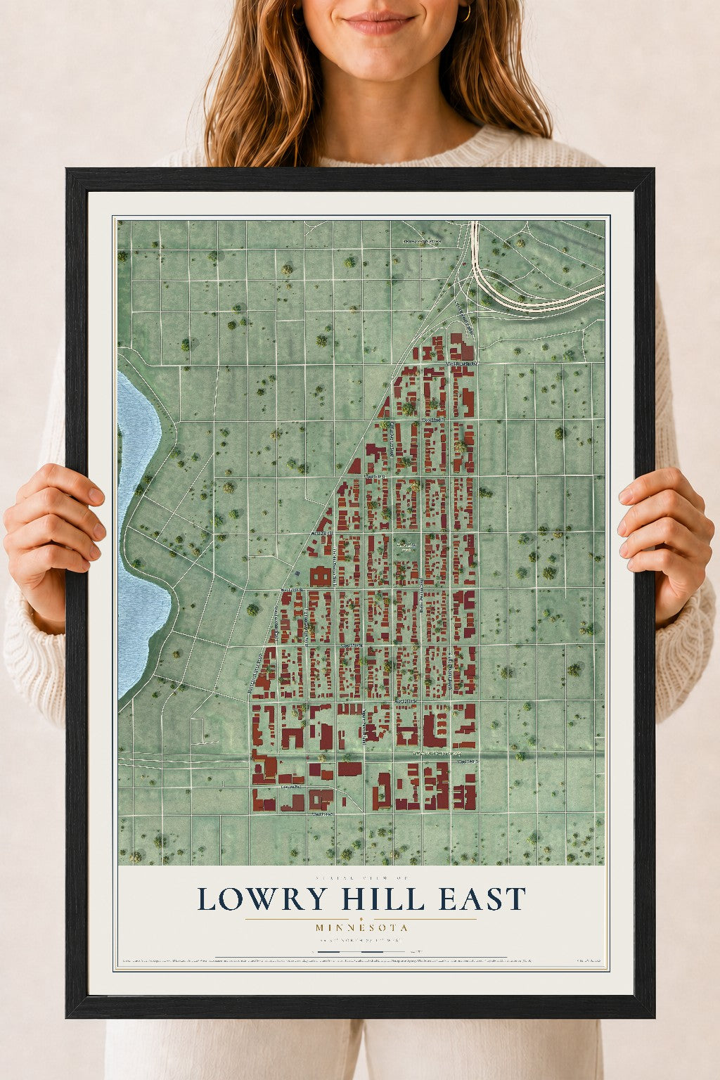 Map of Lowry Hill East, Minnesota, 18 x 24 inch print in a black wood frame