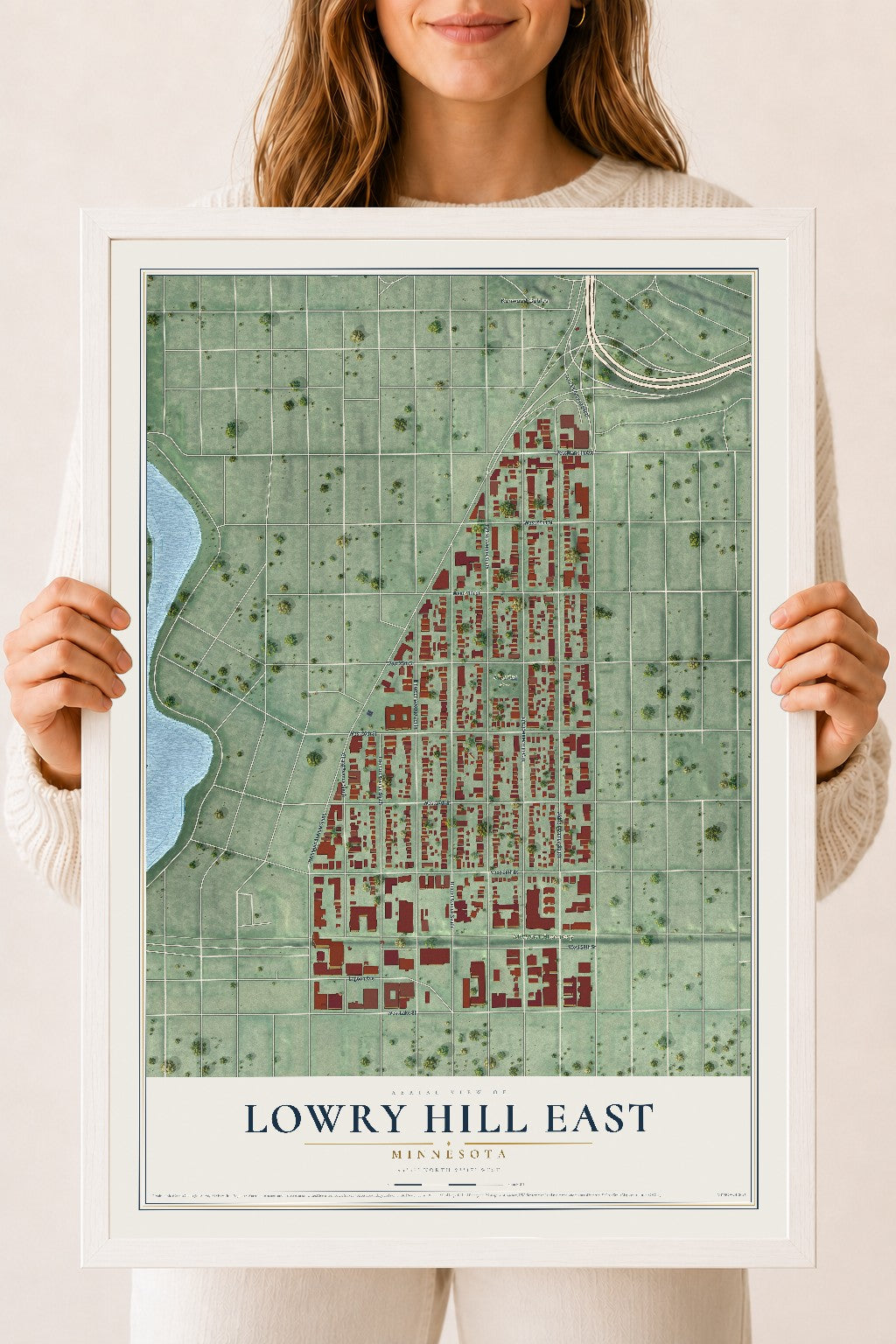 Map of Lowry Hill East, Minnesota, 18 x 24 inch print in a white wood frame