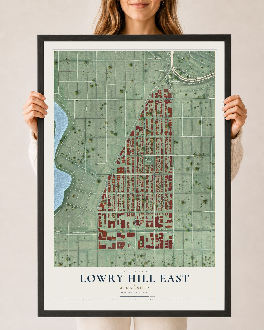 Map of Lowry Hill East, Minnesota, 24 x 36 inch print in a black wood frame