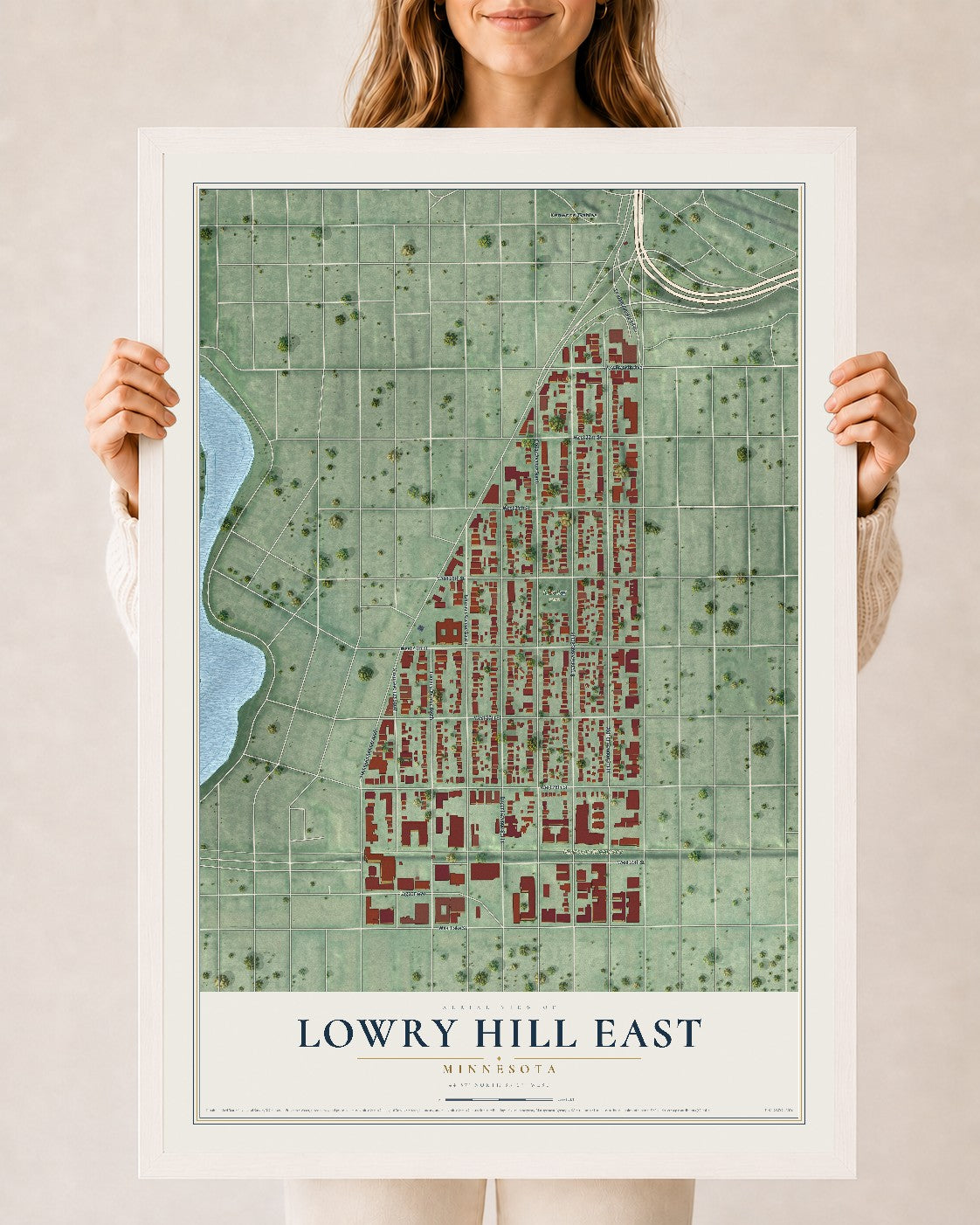 Map of Lowry Hill East, Minnesota, 24 x 36 inch print in a white wood frame