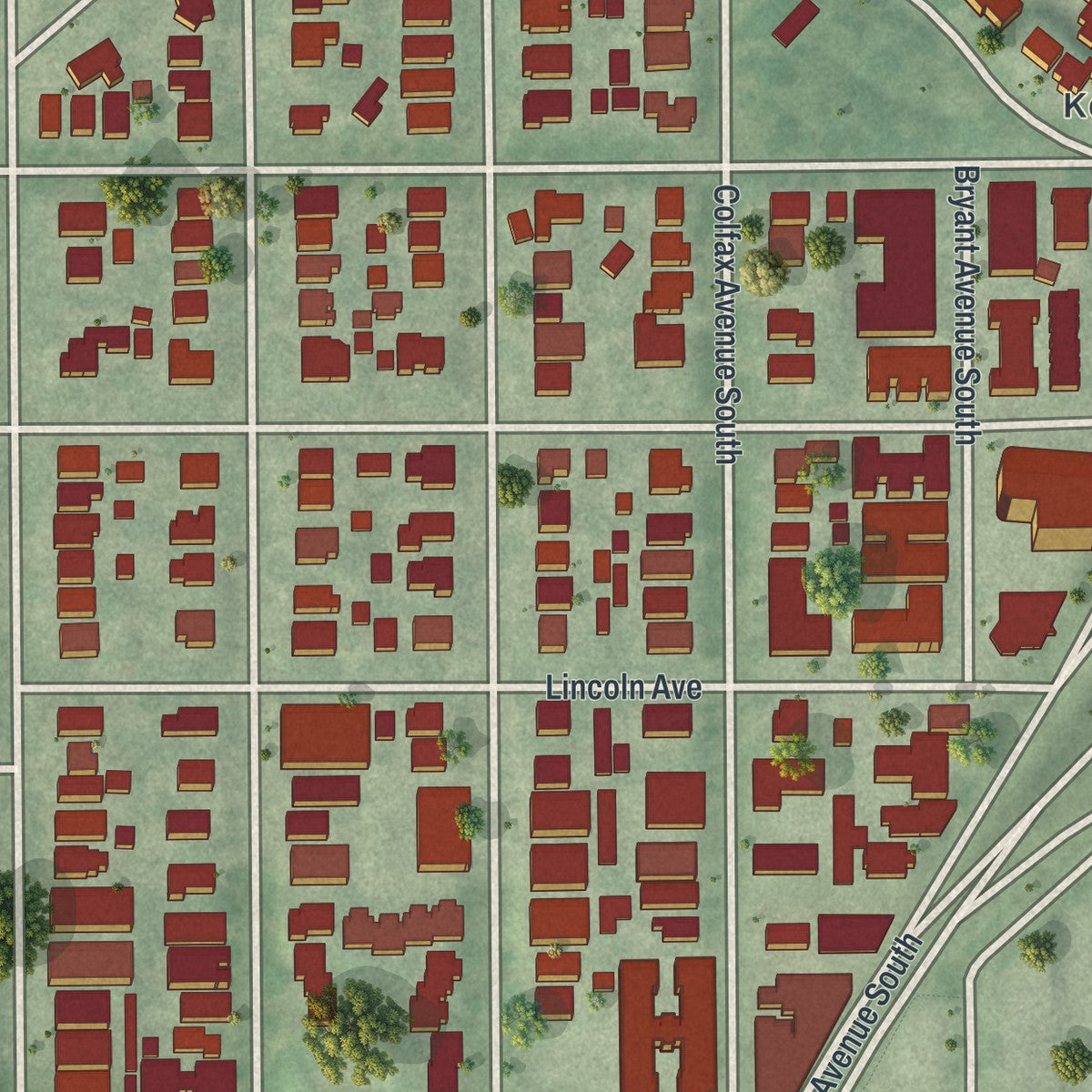 Close-up of the map of Lowry Hill, Minnesota print showing street and building detail