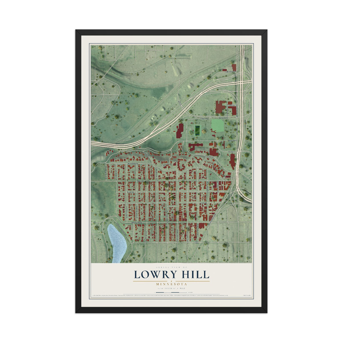 Map of Lowry Hill, Minnesota, 12 x 18 inch print in a black wood frame